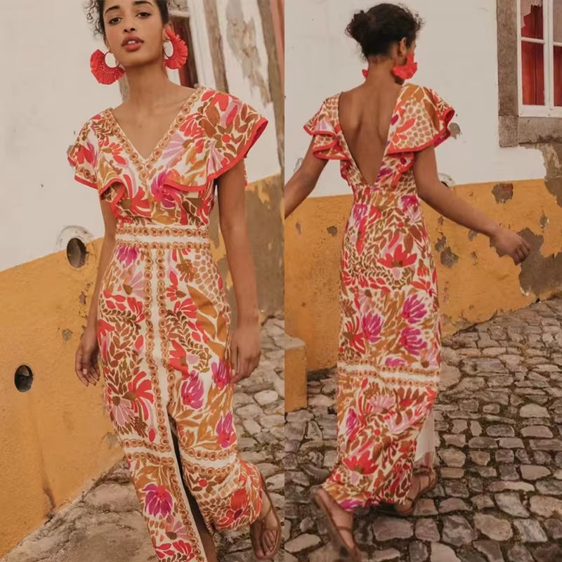 LYNHURD! 2025 Summer backless print dress with V neck, butterfly sleeves, and side split, showcasing a colorful floral design.