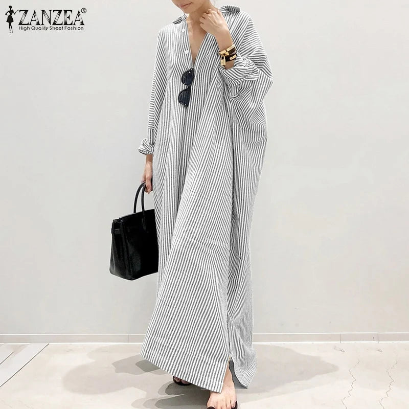 2025 Stripe Printed Beach Party Sundress ZANZEA Spring Fall Bohemian Women Long Sleeve Lapel Dress Fashion Casual Loose Vestidos