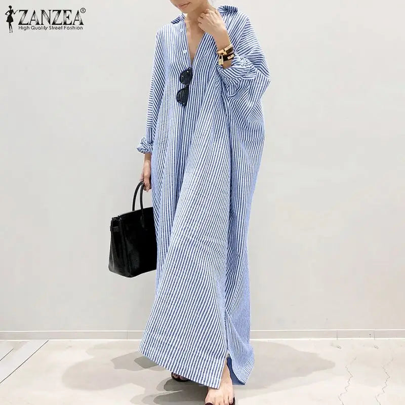 2025 Stripe Printed Beach Party Sundress ZANZEA Spring Fall Bohemian Women Long Sleeve Lapel Dress Fashion Casual Loose Vestidos