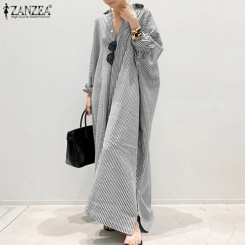 2025 Stripe Printed Beach Party Sundress ZANZEA Spring Fall Bohemian Women Long Sleeve Lapel Dress Fashion Casual Loose Vestidos