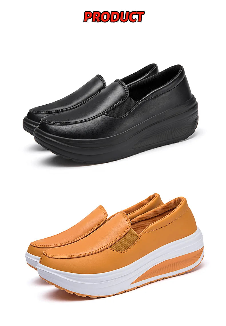 2026 Women's Shoes Spring Genuine Leather Soft Outsole Work Shoes Female Black Swing Woman Plus Size Wedges Single