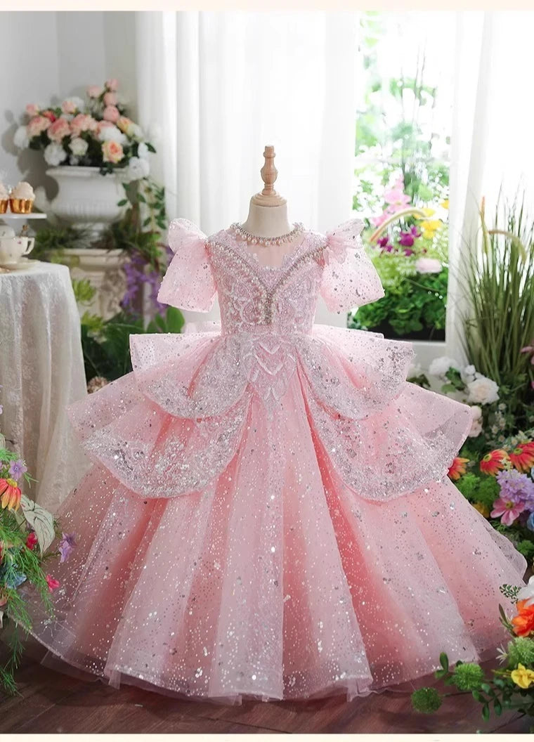 2025 Pink Girls Princess Dress Clothes Birthday Party Pageant Gown Kids Piano Recital Performance Clothes Children Summer Outfit