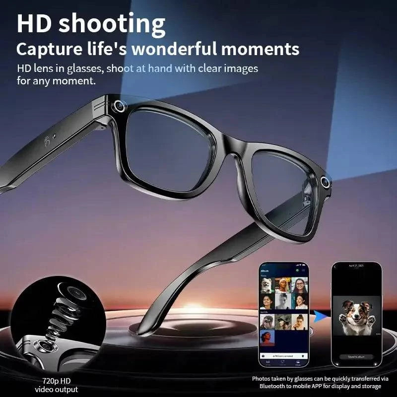 LYNHURD smart glasses with Bluetooth, camera, and AI features for video recording and language translation.