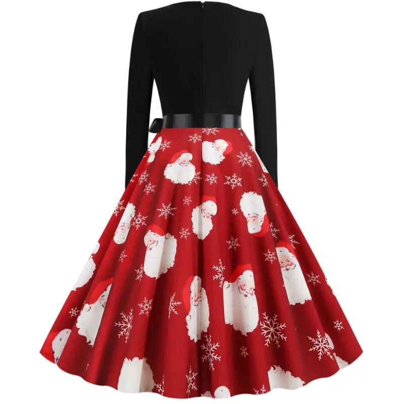 2025 New Vintage Women Long Sleeve Winter Dresses Retro Sexy Black Music Note Print V-neck Rockabilly Pin Up Party Dress Vestido