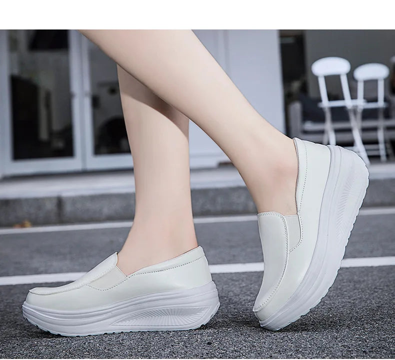2026 Women's Shoes Spring Genuine Leather Soft Outsole Work Shoes Female Black Swing Woman Plus Size Wedges Single