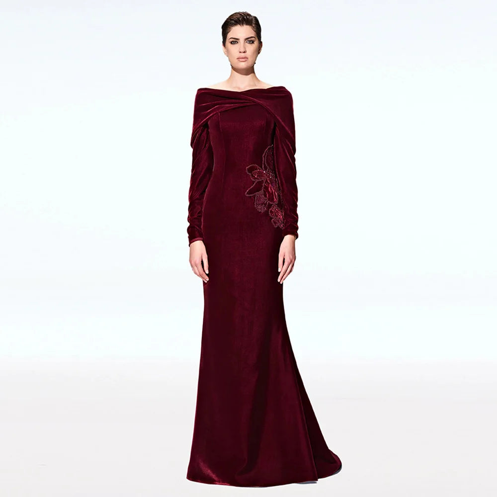 Burgundy Prom Dress Customized Boat Neck Long Sleeves Beading Sequined Sweep Train Velour Mermaid Evening Gown Party Dresses