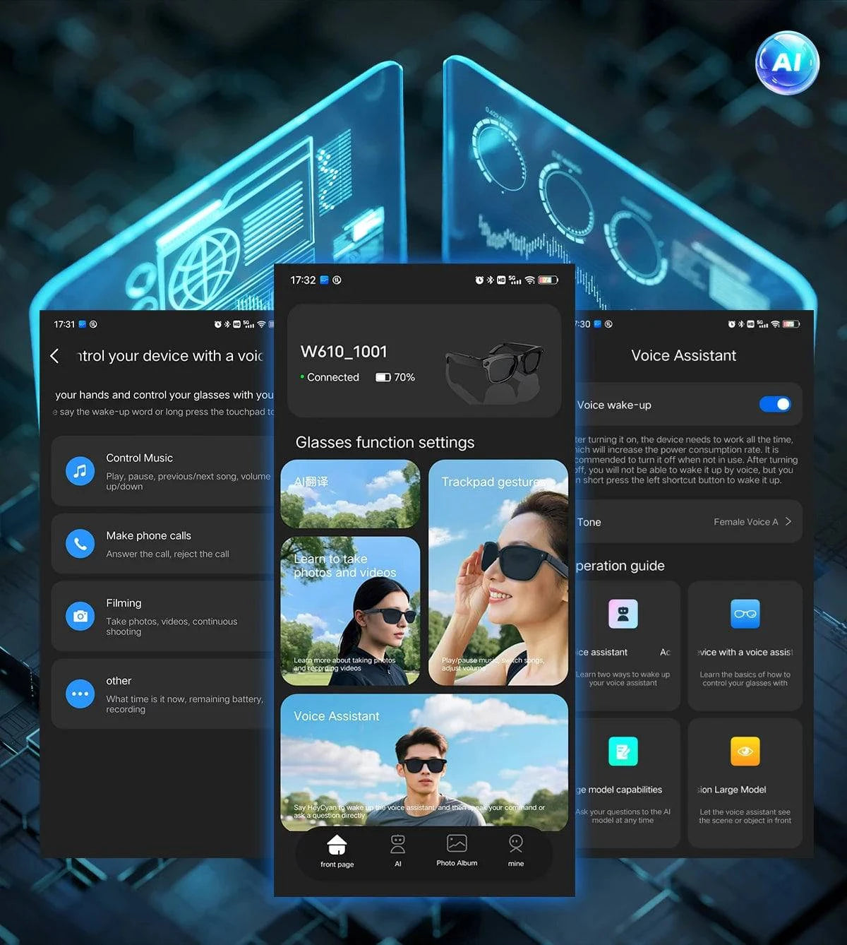 LYNHURD smart glasses featuring Bluetooth, a camera, and AI photo recognition for video recording and translation.