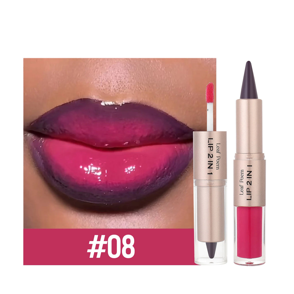 2 IN 1 Nude Brown Pink Mirror Lip Gloss Tapered Gradient Lipliner Contour Pencil Matte Lip Liner Waterproof Sexy Lipstick Makeup