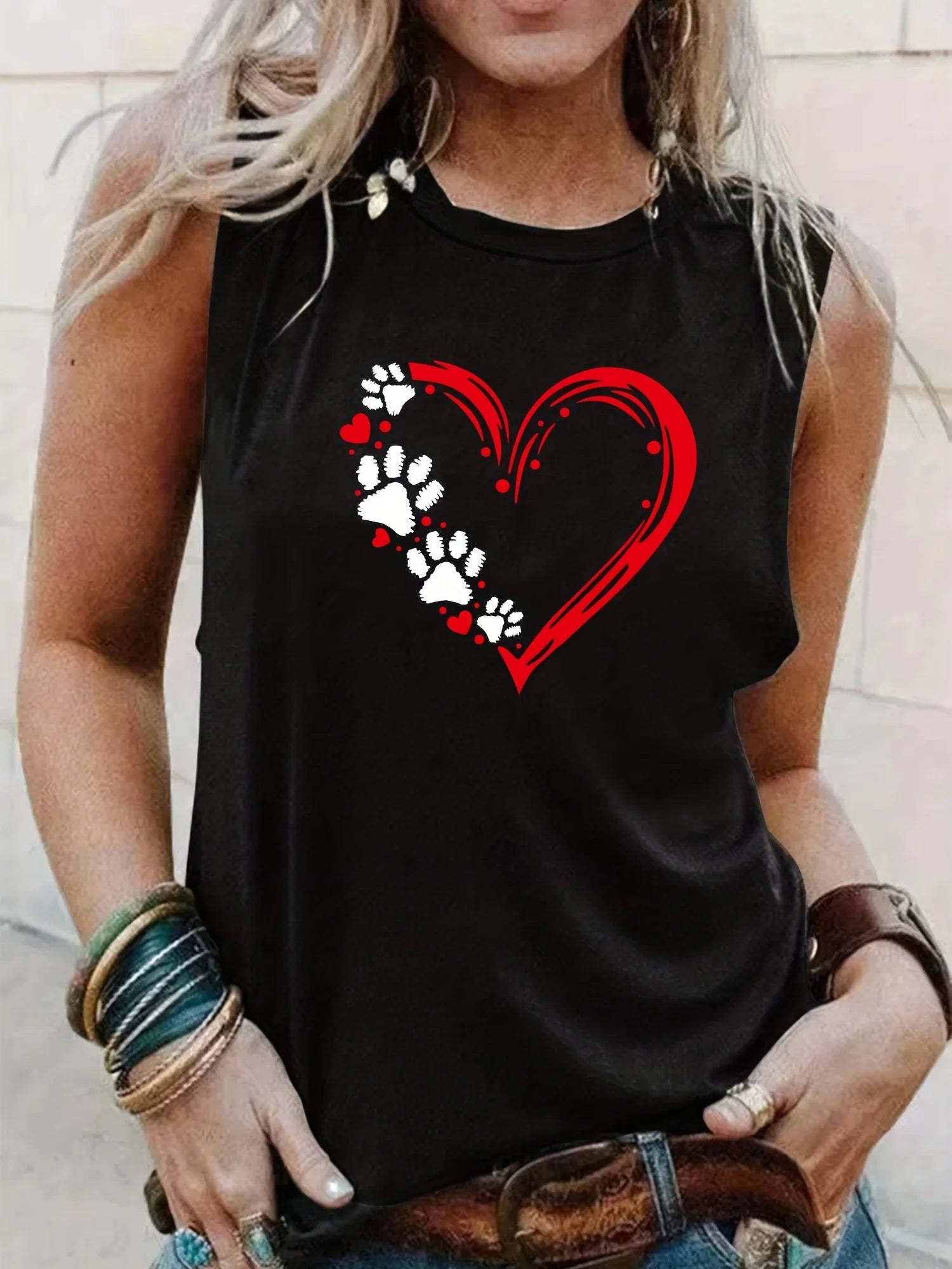Women's Summer Heart  Print Large Casual Sleeveless Loose Tank Top T-shirt Fashion Streetwear Oversized O-Neck Vest