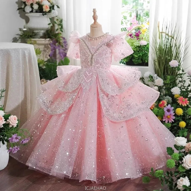 2025 Pink Girls Princess Dress Clothes Birthday Party Pageant Gown Kids Piano Recital Performance Clothes Children Summer Outfit
