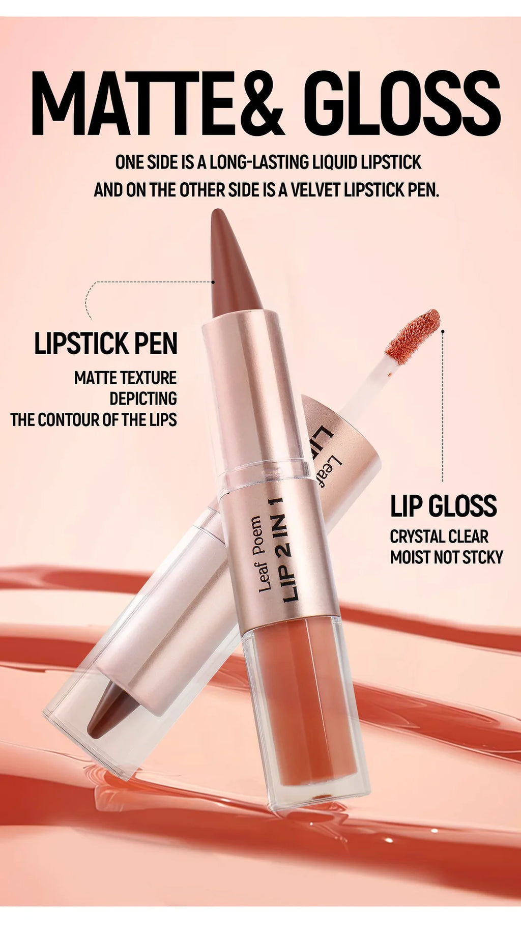 2 IN 1 Nude Brown Pink Mirror Lip Gloss Tapered Gradient Lipliner Contour Pencil Matte Lip Liner Waterproof Sexy Lipstick Makeup