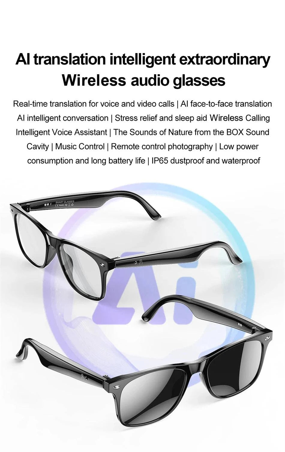 LYNHURD smart glasses for men with anti-blue lens, voice assistant, and intelligent translation features.