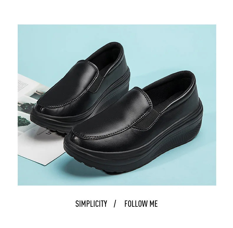 2026 Women's Shoes Spring Genuine Leather Soft Outsole Work Shoes Female Black Swing Woman Plus Size Wedges Single