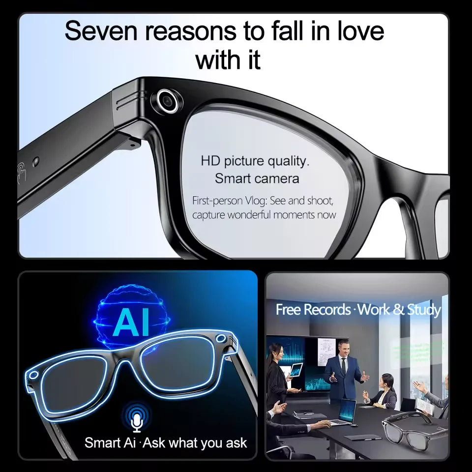 LYNHURD! 2025 Smart Glasses with camera, Bluetooth, and anti-blue light lenses for men and women, showcasing sleek design.