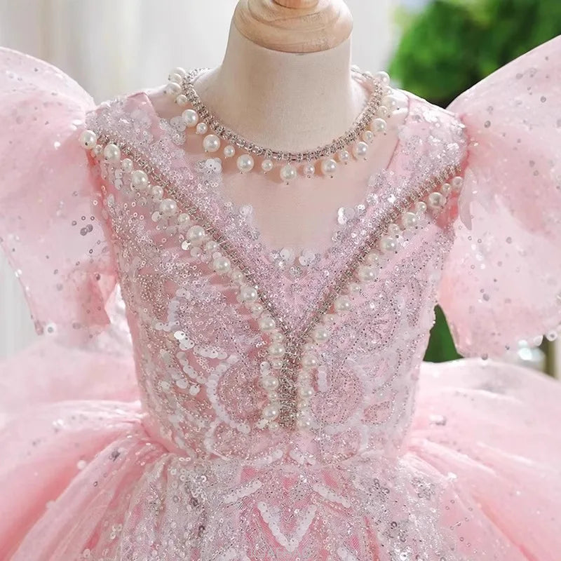 2025 Pink Girls Princess Dress Clothes Birthday Party Pageant Gown Kids Piano Recital Performance Clothes Children Summer Outfit