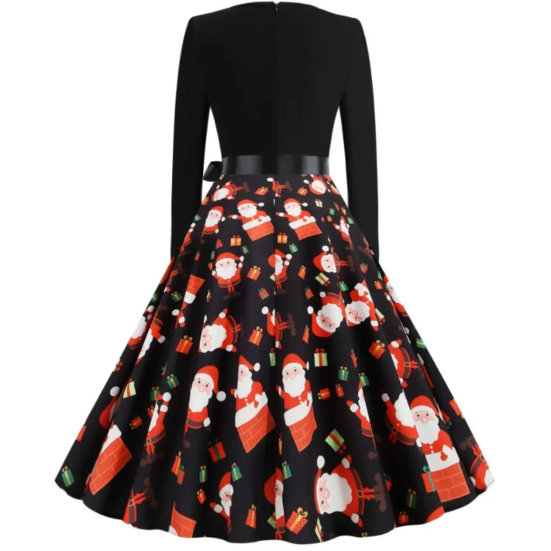 2025 New Vintage Women Long Sleeve Winter Dresses Retro Sexy Black Music Note Print V-neck Rockabilly Pin Up Party Dress Vestido