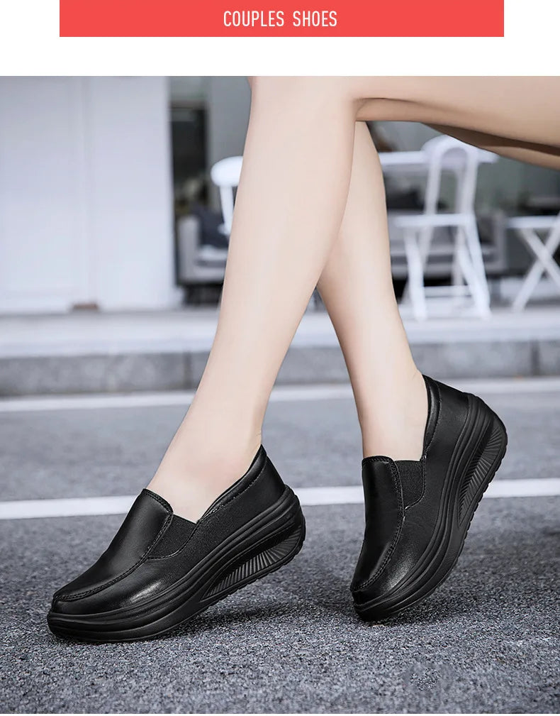 2026 Women's Shoes Spring Genuine Leather Soft Outsole Work Shoes Female Black Swing Woman Plus Size Wedges Single