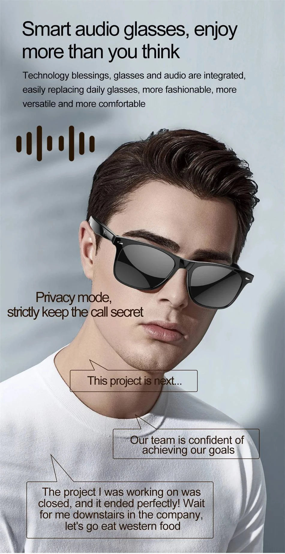 LYNHURD smart glasses for men with anti-blue lens, wireless call, and voice assistant features, showcasing sleek design.
