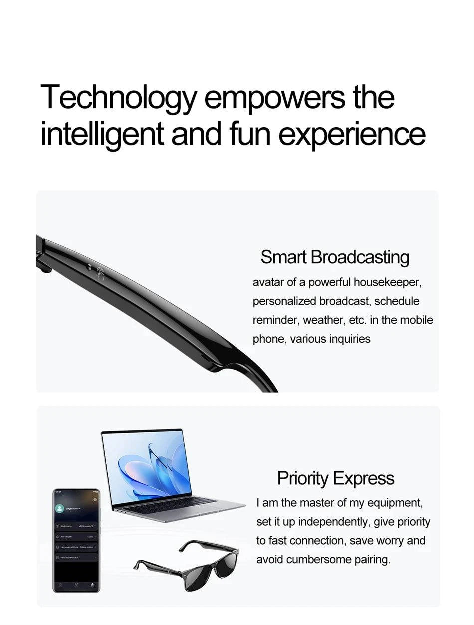 LYNHURD smart glasses with anti-blue lens, voice assistant, and wireless call feature for men, shown in a sleek design.