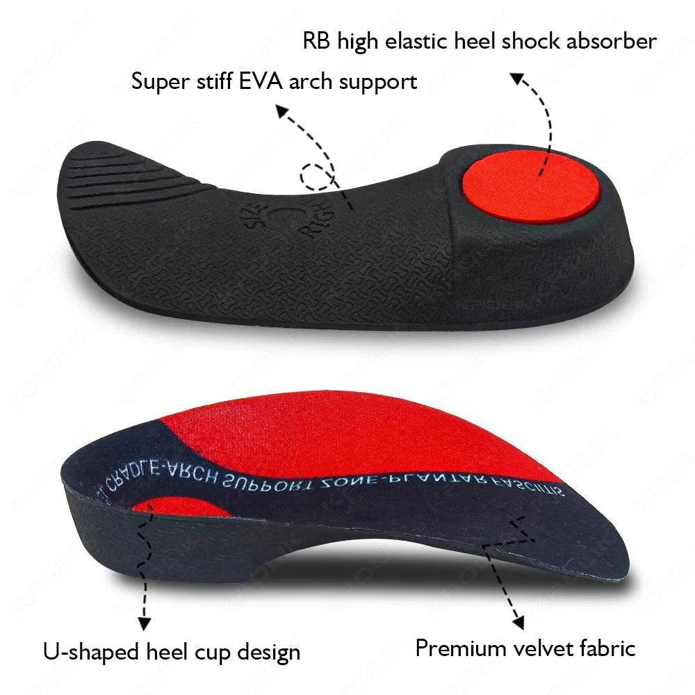 LYNHURD! 3/4 flat feet insoles for orthotic support, designed for men and women with heel pain and plantar fasciitis.