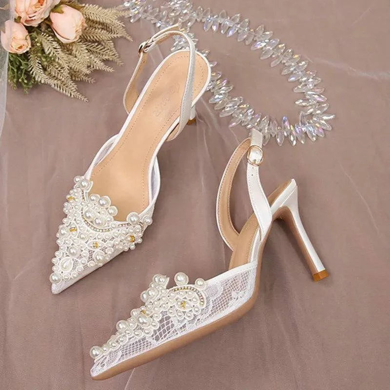 LYNHURD! white lace high heel wedding shoes with pearl accents for bridesmaids, featuring a stylish and elegant design.