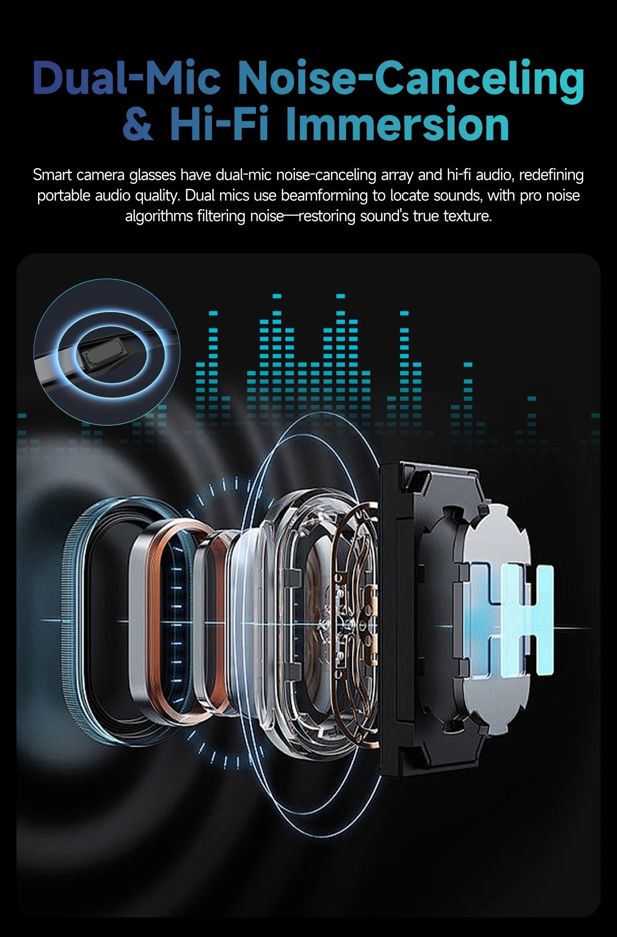 LYNHURD smart glasses for men and women with 8MP camera, touch control, and waterproof design, featuring AI translation.