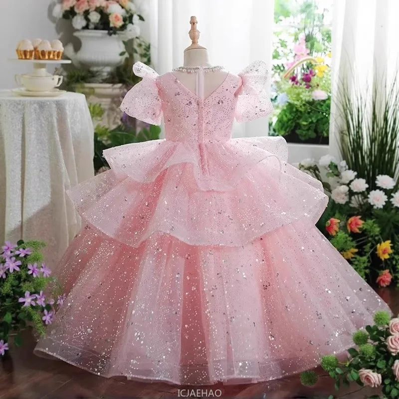 2025 Pink Girls Princess Dress Clothes Birthday Party Pageant Gown Kids Piano Recital Performance Clothes Children Summer Outfit