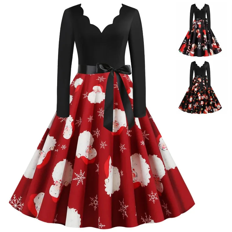 2025 New Vintage Women Long Sleeve Winter Dresses Retro Sexy Black Music Note Print V-neck Rockabilly Pin Up Party Dress Vestido