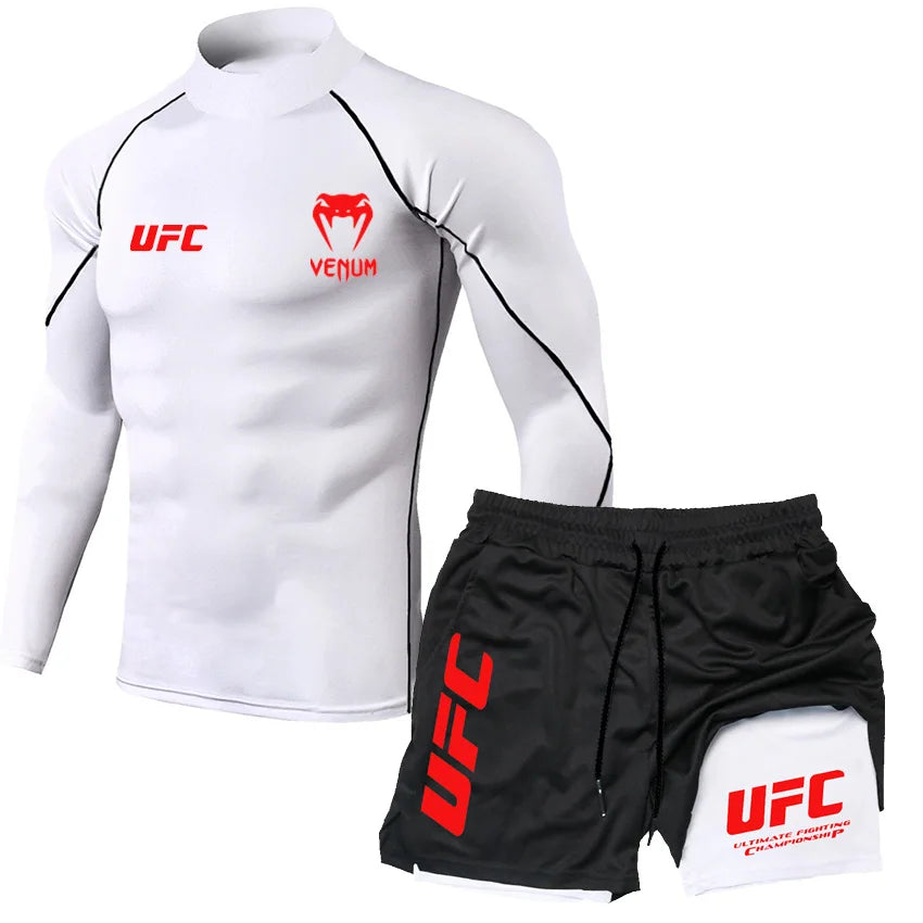 2025 Men's Breathable UFC Long Sleeve+Double Layer Pants Sports Pants Outdoor Running Fitness Training T-shirt Pants