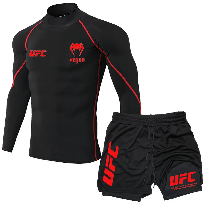 2025 Men's Breathable UFC Long Sleeve+Double Layer Pants Sports Pants Outdoor Running Fitness Training T-shirt Pants