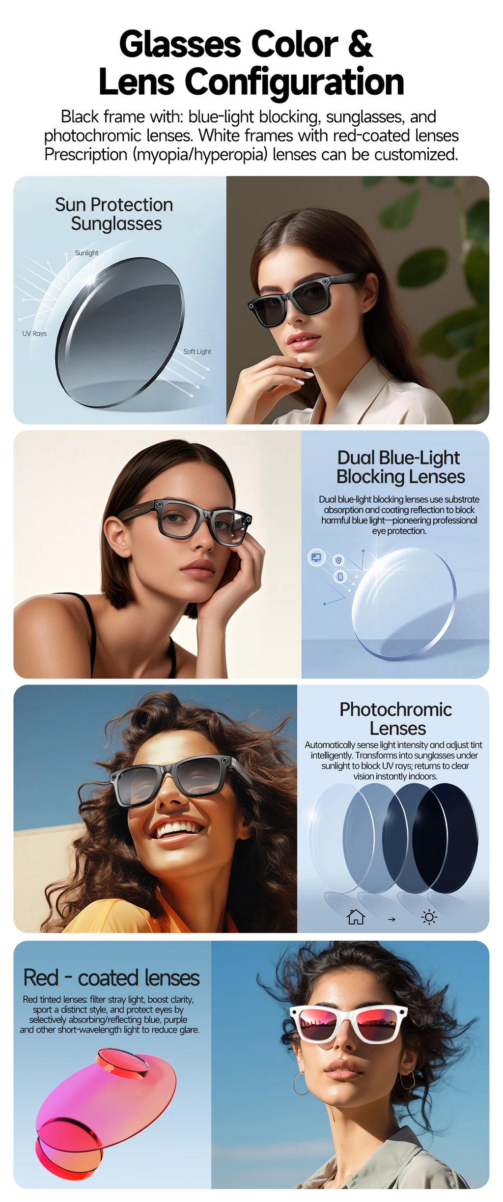 LYNHURD Smart Glasses with 8MP camera, touch control, and IP65 waterproof design, suitable for men and women.