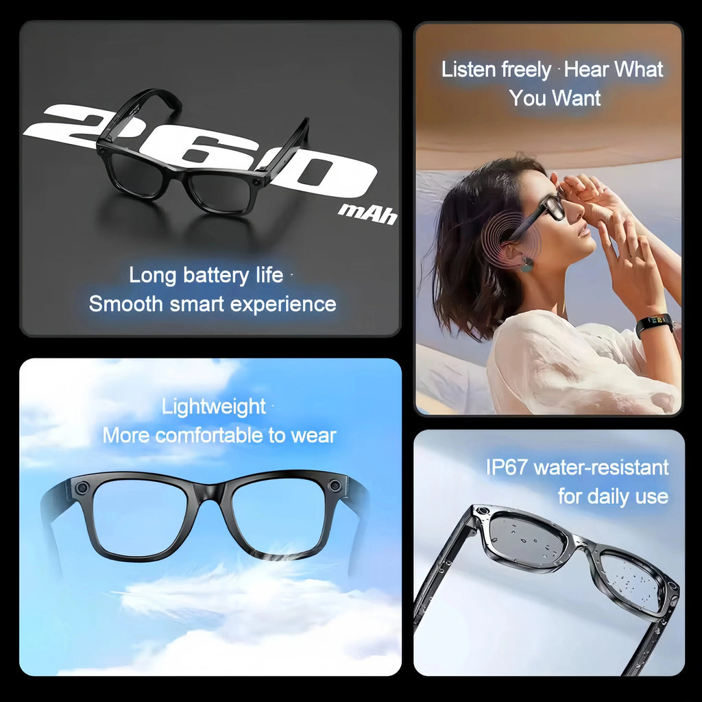 LYNHURD smart sunglasses with 8MP camera, Bluetooth, and translation features for men and women, shown in a stylish design.