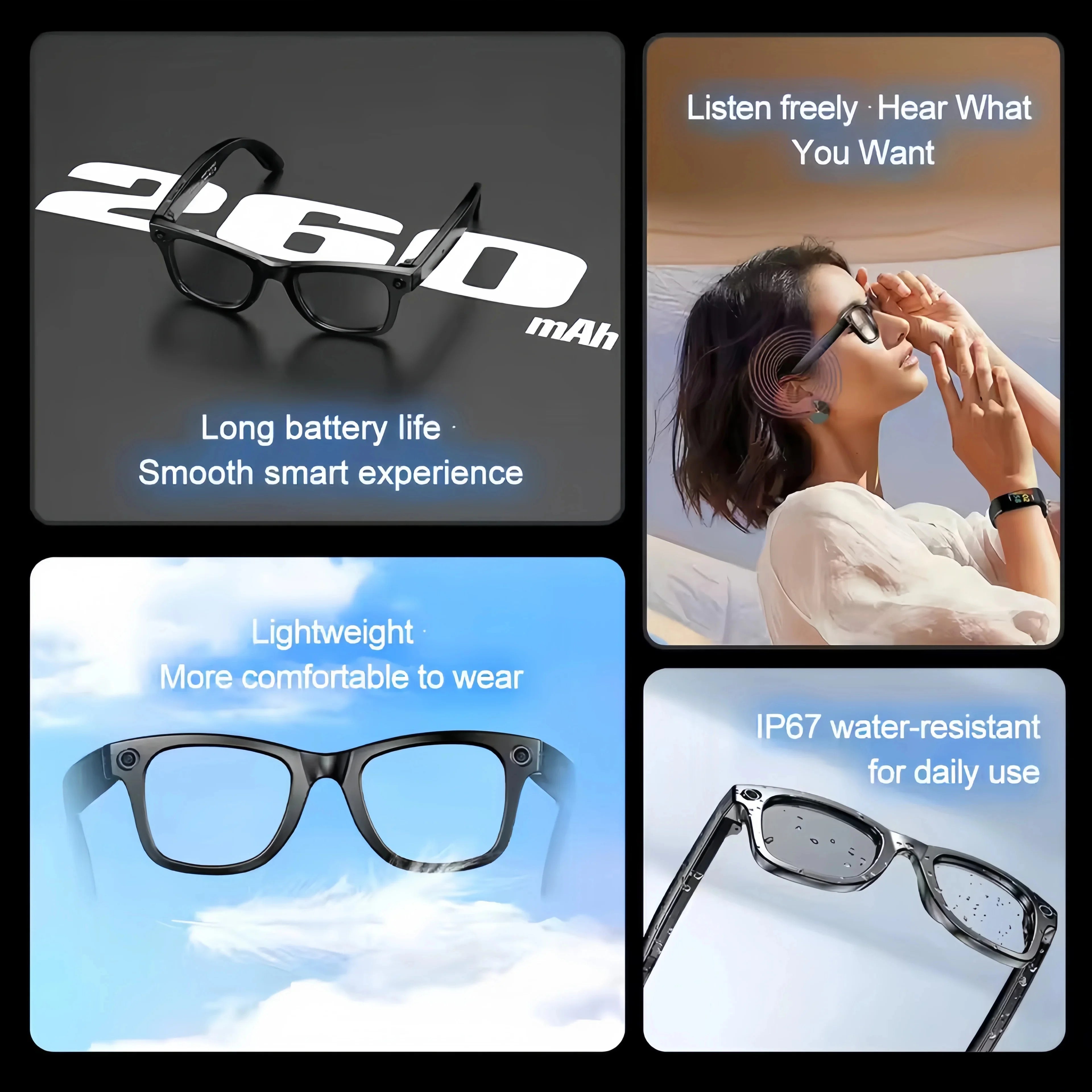 LYNHURD smart sunglasses with 8MP camera, Bluetooth, and translation features for men and women, shown in a stylish design.