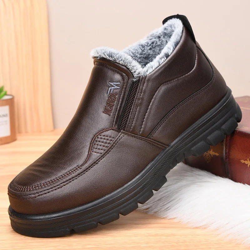 2025 Winter New Leather Boots Waterproof Anti Slip Snow Boots Men's Cotton Shoes Warmth Thickened Cotton Short Boots