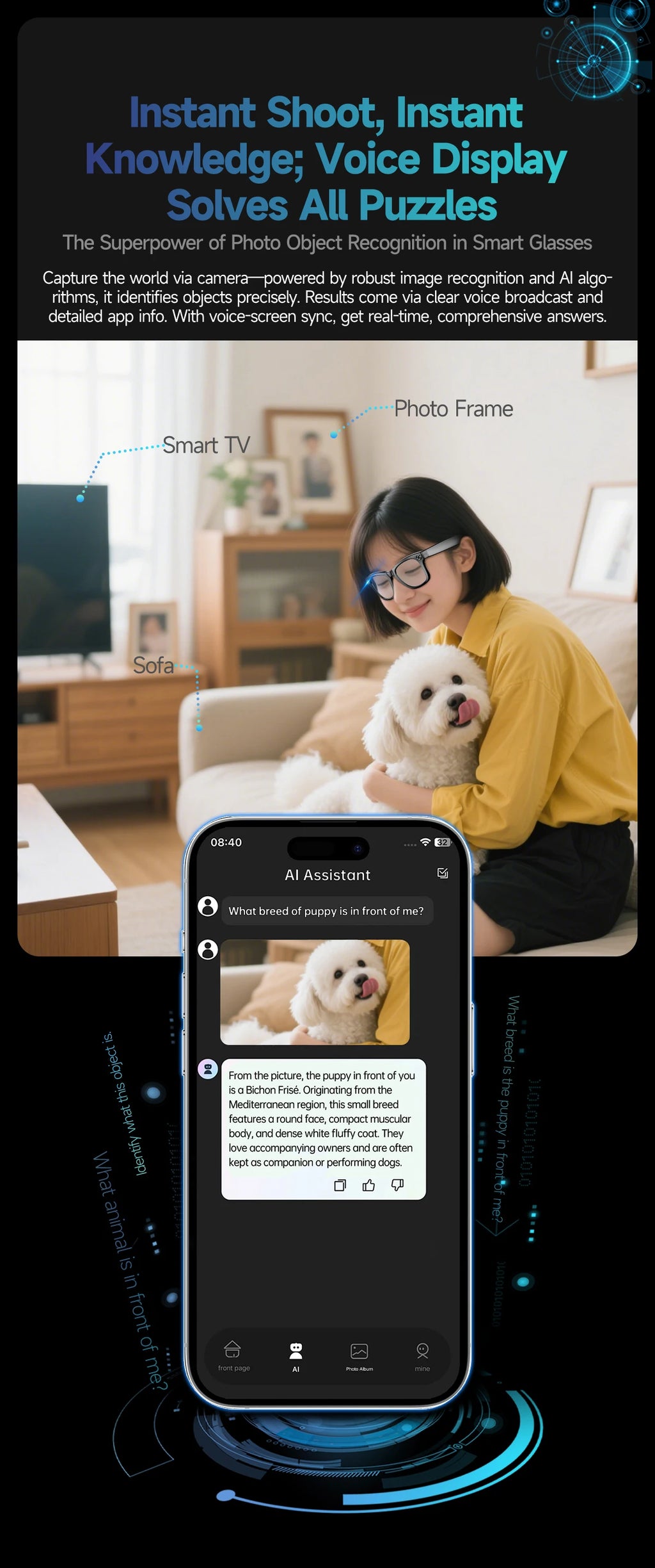 LYNHURD smart glasses with 8MP camera, Bluetooth, touch control, and waterproof design for men and women.