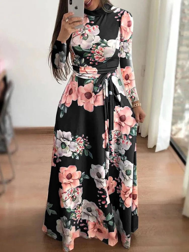 Women's LYNHURD! long sleeve floral printed dress with round neck and floor-length skirt, perfect for casual wear.