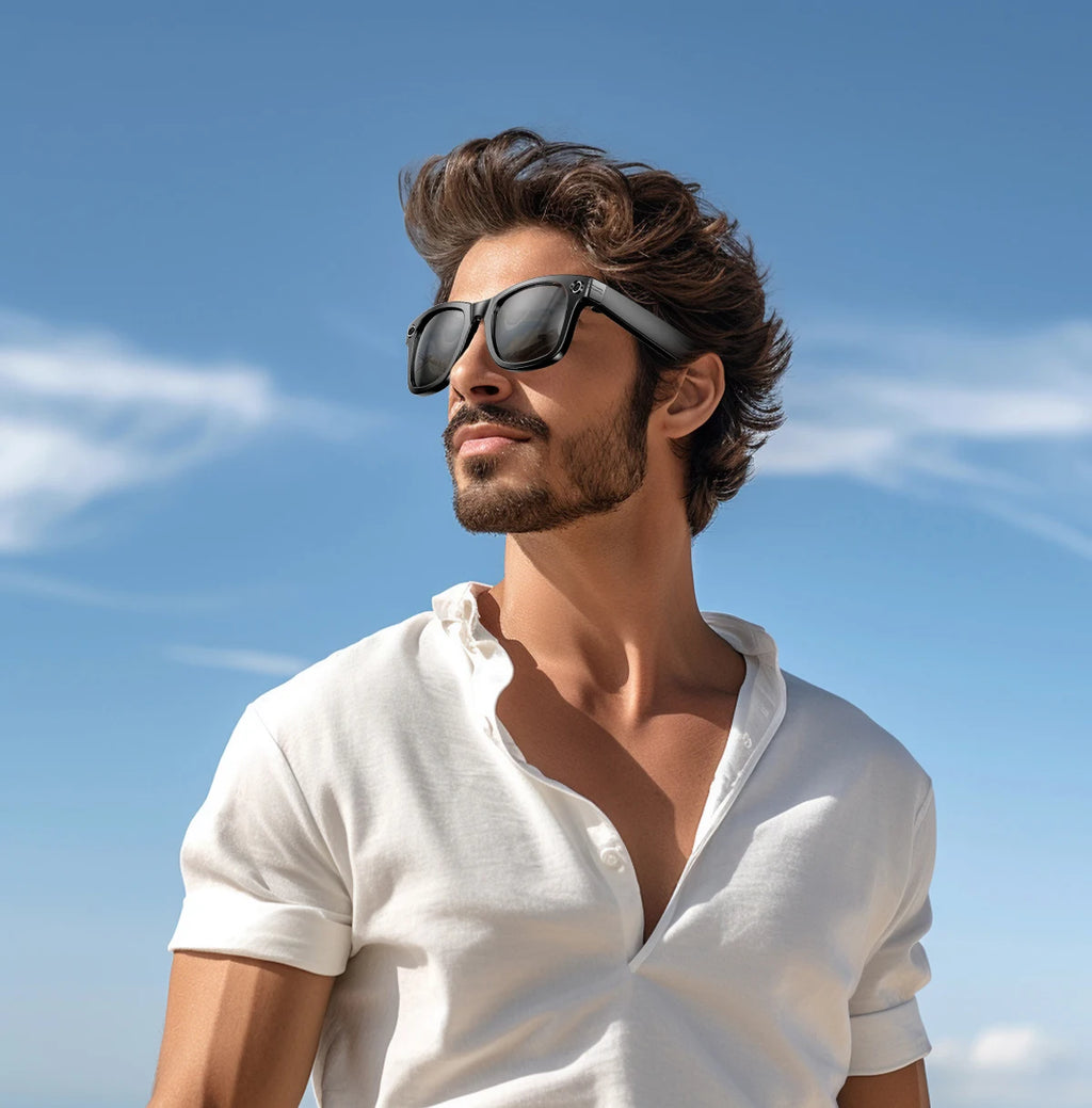 LYNHURD smart glasses with 8MP camera, touch control, and waterproof design, showcasing sleek frames and advanced features.