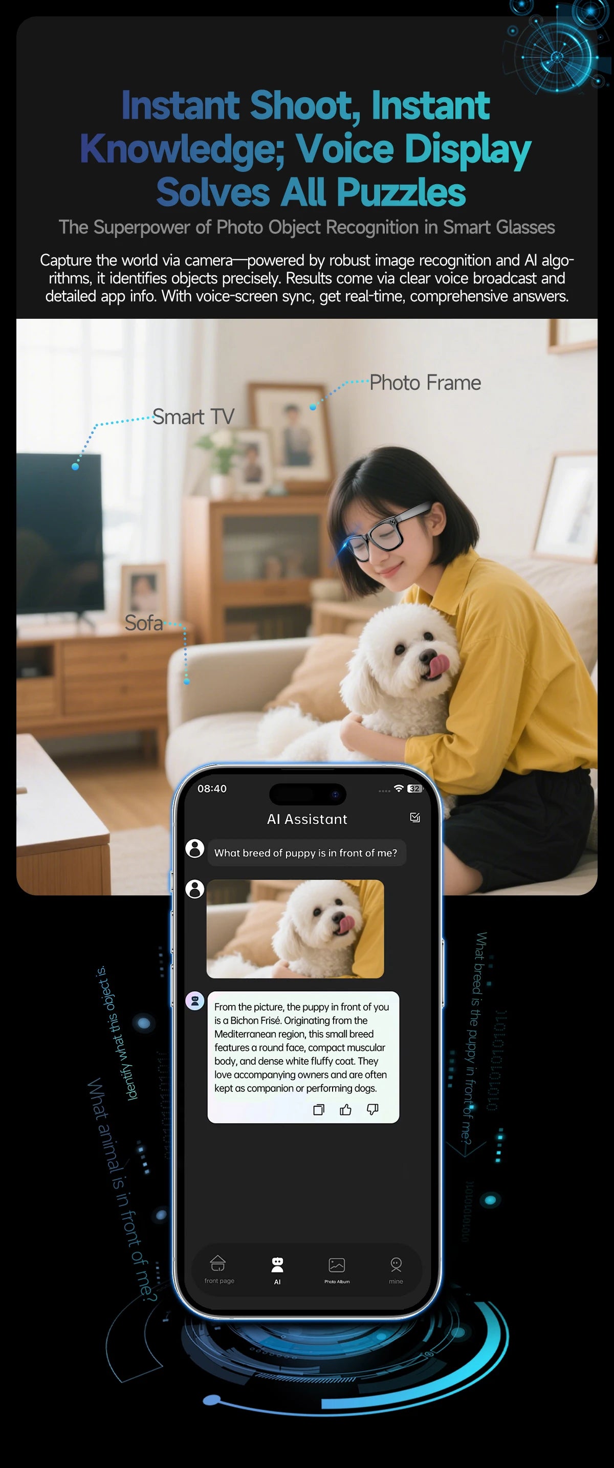 LYNHURD Smart Glasses with 32GB memory, camera, Bluetooth, and anti-blue light lenses for men and women.