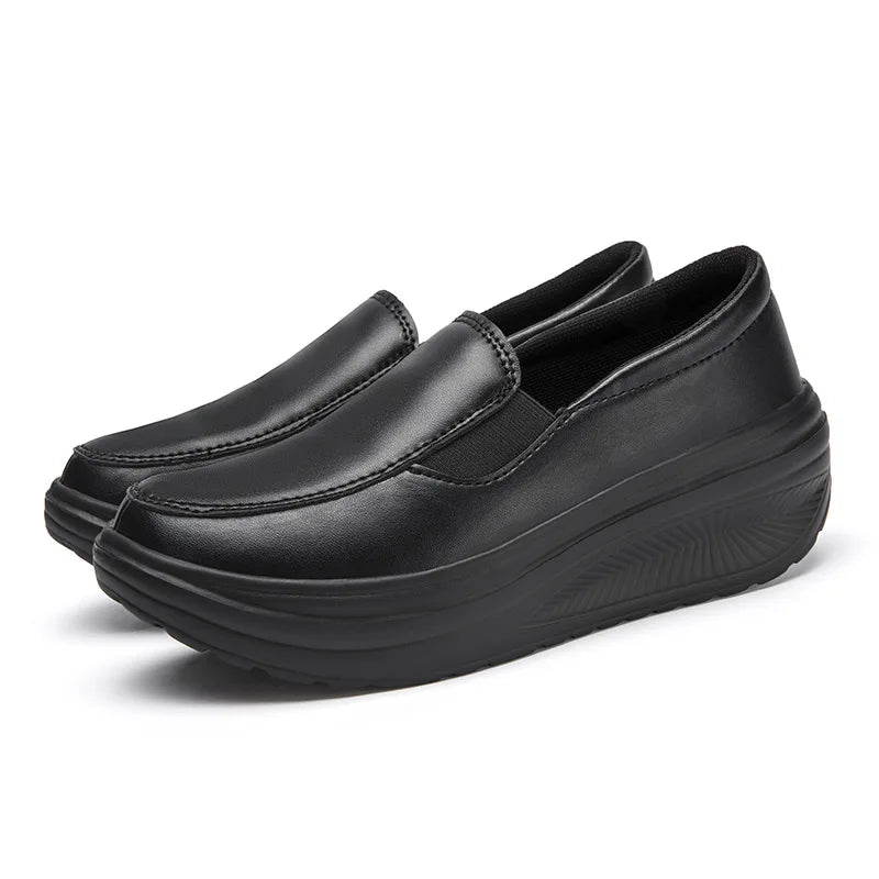 2026 Women's Shoes Spring Genuine Leather Soft Outsole Work Shoes Female Black Swing Woman Plus Size Wedges Single