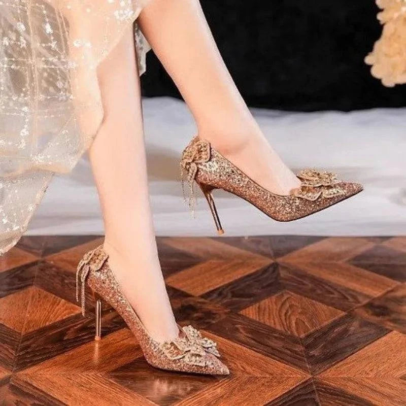 2024 LYNHURD! French crystal silver high heels with bow, pointed toe, and casual pump design for women.