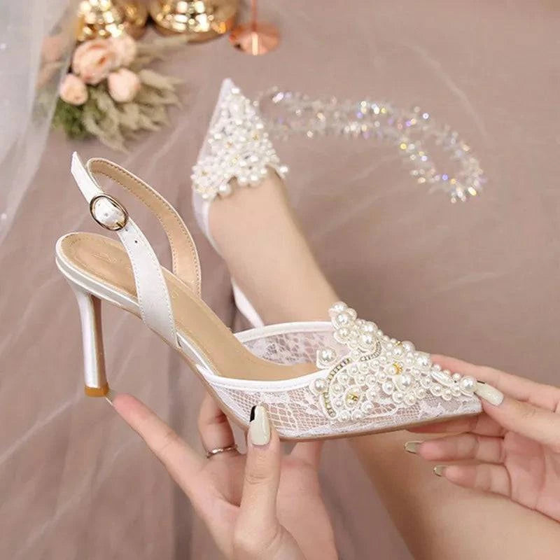 2025 LYNHURD white lace wedding shoes with high heels and pearl details for bridesmaids. Elegant fashion pumps.