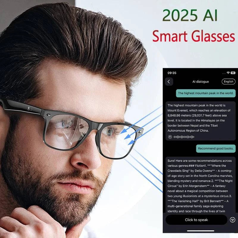 LYNHURD smart glasses for men, featuring anti-blue light lenses and voice assistant for intelligent translation.