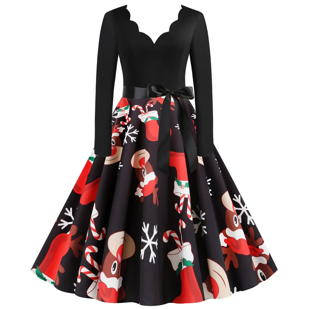 2025 New Vintage Women Long Sleeve Winter Dresses Retro Sexy Black Music Note Print V-neck Rockabilly Pin Up Party Dress Vestido