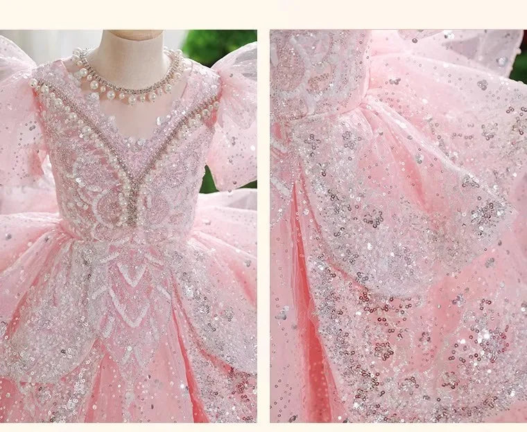 2025 Pink Girls Princess Dress Clothes Birthday Party Pageant Gown Kids Piano Recital Performance Clothes Children Summer Outfit