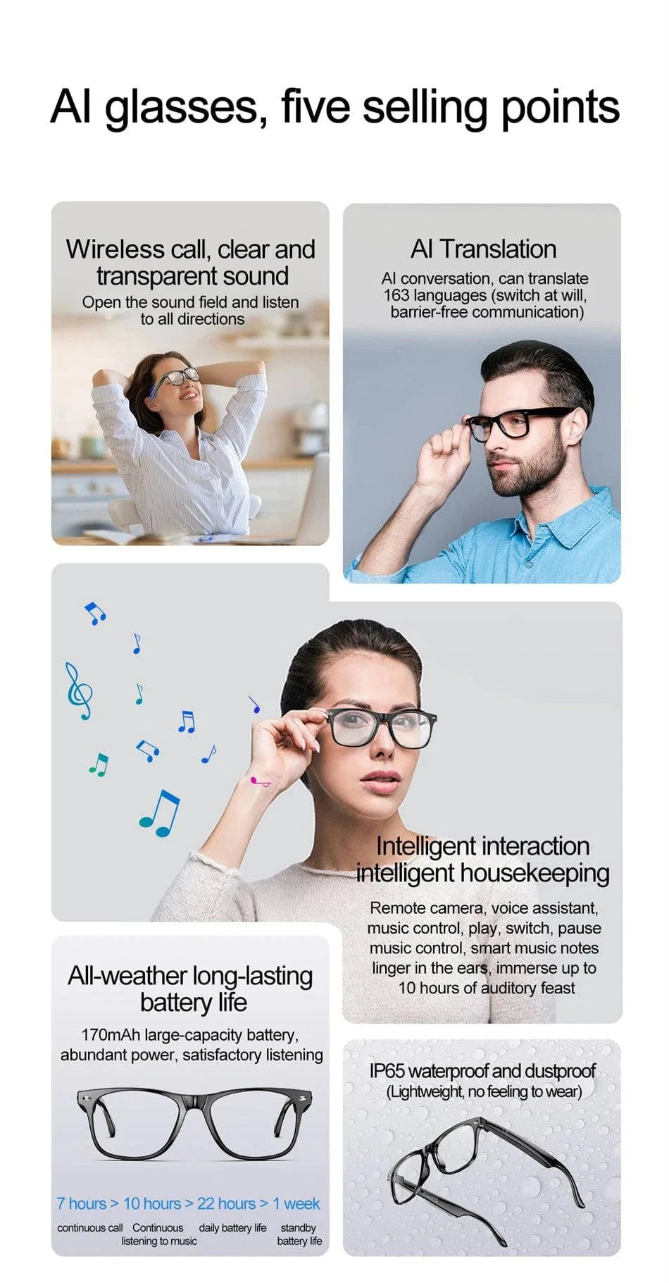 LYNHURD smart glasses for men, featuring anti-blue lenses, voice assistant, and intelligent translation capability.