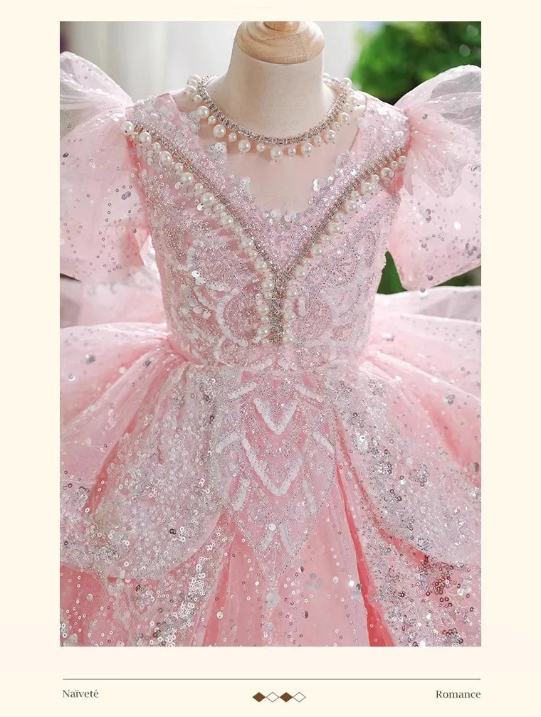 2025 Pink Girls Princess Dress Clothes Birthday Party Pageant Gown Kids Piano Recital Performance Clothes Children Summer Outfit