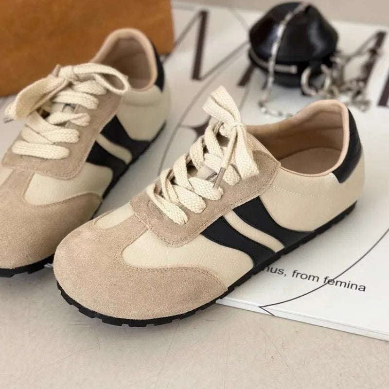 Women's Single Shoes Spring New Frosted Matching Color Laceup Sports Shoes Casual Comfortable Non-slip Wear-resistant Flat Shoes