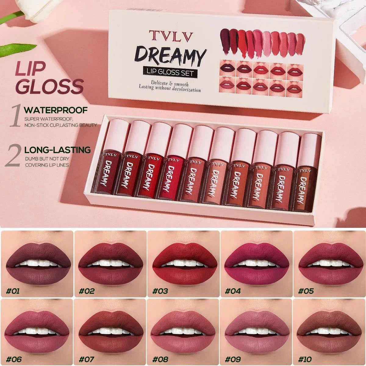 10-piece LYNHURD! lip gloss and velvet lipstick set in assorted colors, showcasing waterproof and moisturizing formulas.