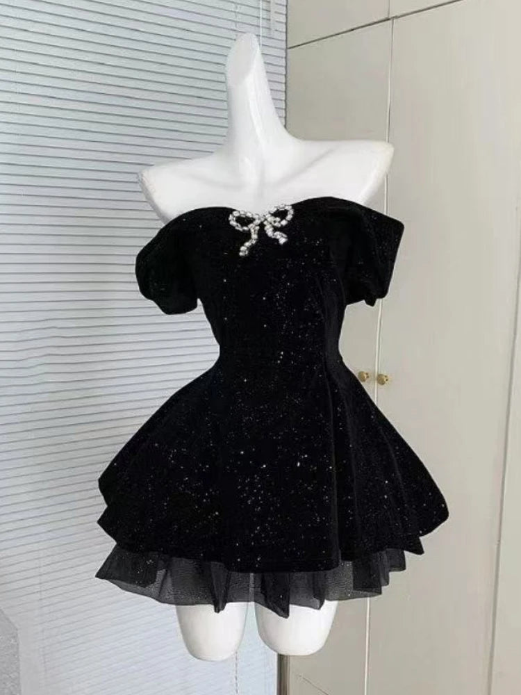2025 Autumn Vintage Elegant Y2K Velvet Off Shoulder Dress Bow Bodycon Mini A-line Women Evening Party Subculture Lolita Formal