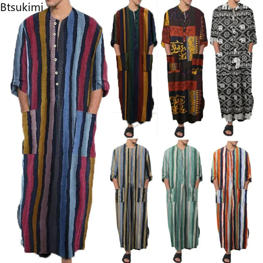 2026 Men's Muslim Clothing Abayas Cotton Linen Nightgowns Bathrobe Robe Kaftan Holiday Beach Robe Man Muslim Kaftan Arabic Dress